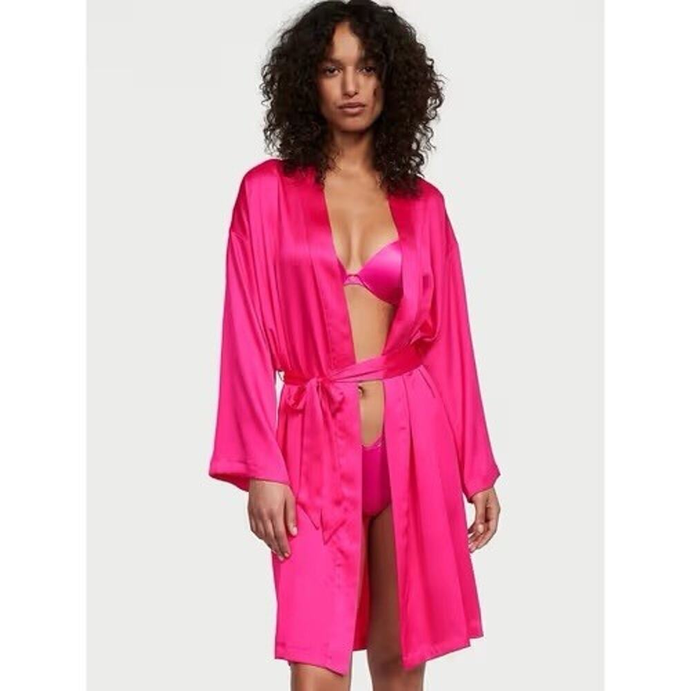 Victoria's Secret Pink Satin Robe Size M/L Kimono Sleeve Cover Up